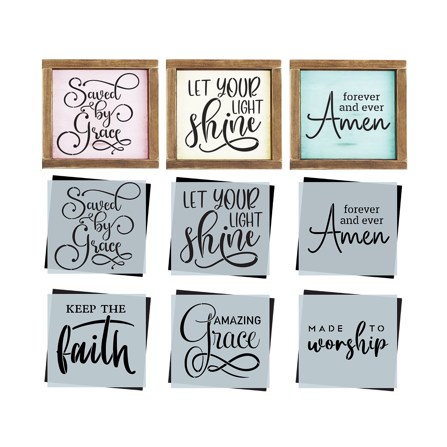DIY reusable farmhouse Christian religion wood sign stencils, scripture tiered tray signs, faith arts and crafts,  bible verse mini wood signs, home decor, upclycling,  saved by grace, let your light shine, forever and ever amen, keep the faith, amazing grace, made to worship