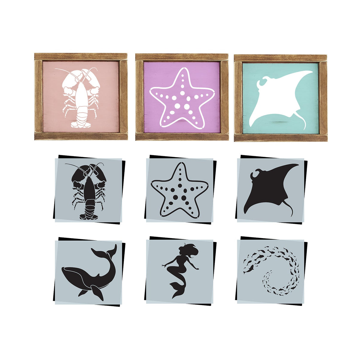 DIY reusable seaside silhouettes stencils, mini coastal farmhouse wood sign stencils, under the sea stencils, mermaid stencil, lobster stencil, starfish stencil, manta sting ray wood sign stencil, whale stencil, school of fish stencil, diy summer crafts, summer vibes, diy beach craft  project