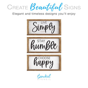 DIY reusable modern farmhouse simple sayings wood sign stencils, live simply wood sign stencil, stay humble wood sign stencil cut out choose happy wood sign stencil cut out, diy everyday farmhouse wood signs, rustic wood signs