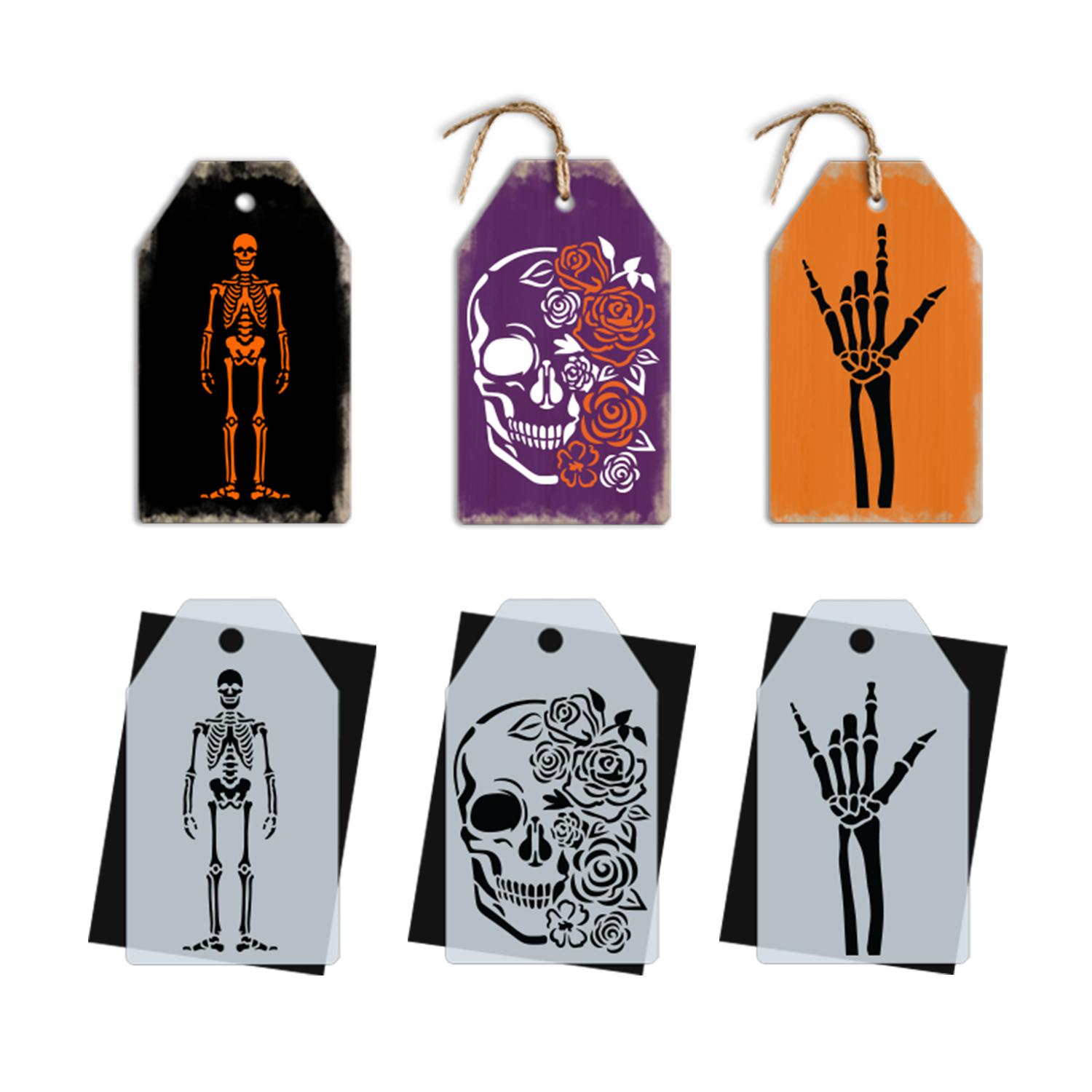 diy halloween tiered tray mini wood tags, mini tag skeleton stencil , skull with flowers stencil, skeleton hand stencil, rock and roll skeleton hand stencil, diy halloween decor