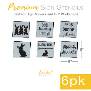 DIY reusable Mini Easter wood sign stencils, Easter tiered tray wood signs, Some bunny loves you wood sign stencil, every bunny welcome, three bunny backs silhouette, bunny with butterfly on nose, bunny trail arrow and bunny wood signs stencil, hippity hoppity wood sign stencil