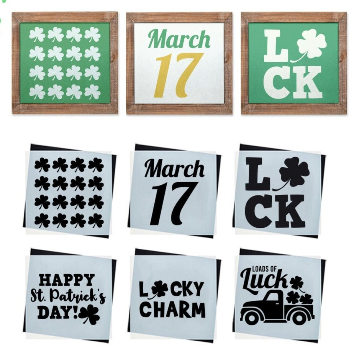 DIY reusable farmhouse St. Patrick's Day sign stencils, shamrock stencils, shamrocks vintage truck sign stencils, happy st. patrick's day sign stencils, lucky charm sign stencil, March 17 stencil