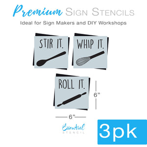 DIY reusable farmhouse kitchen decor stencils, stir it spoon sign stencil, roll it rolling pin sign stencil, whip it whisk sign stencil, diy modern farmhouse sign stencils, homemade kitchen decor signs