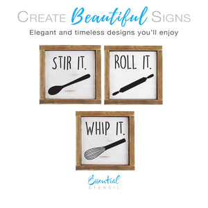 DIY reusable farmhouse kitchen decor stencils, stir it spoon sign stencil, roll it rolling pin sign stencil, whip it whisk sign stencil, diy modern farmhouse sign stencils, homemade kitchen decor signs