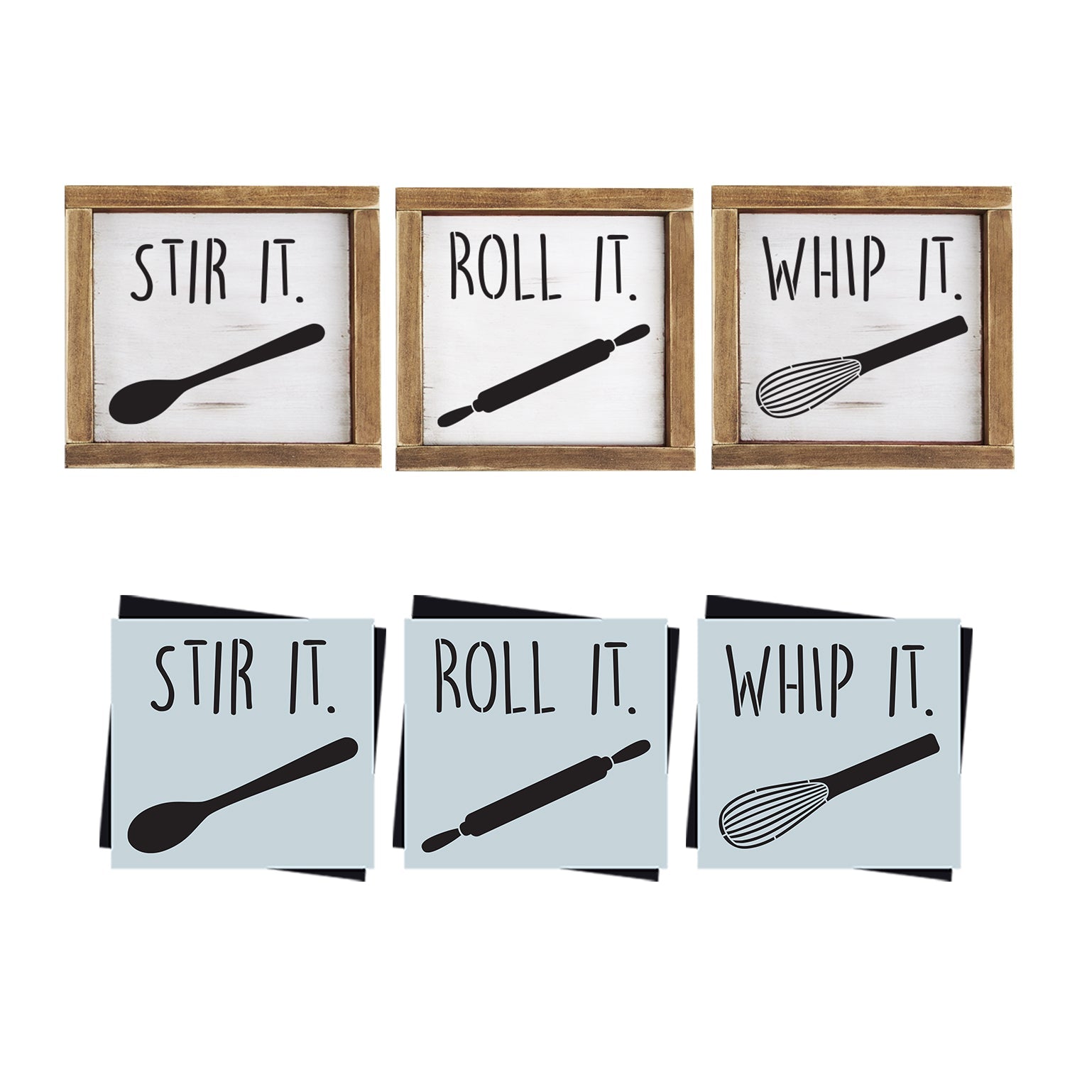 DIY reusable farmhouse kitchen decor stencils, stir it spoon sign stencil, roll it rolling pin sign stencil, whip it whisk sign stencil, diy modern farmhouse sign stencils, homemade kitchen decor signs