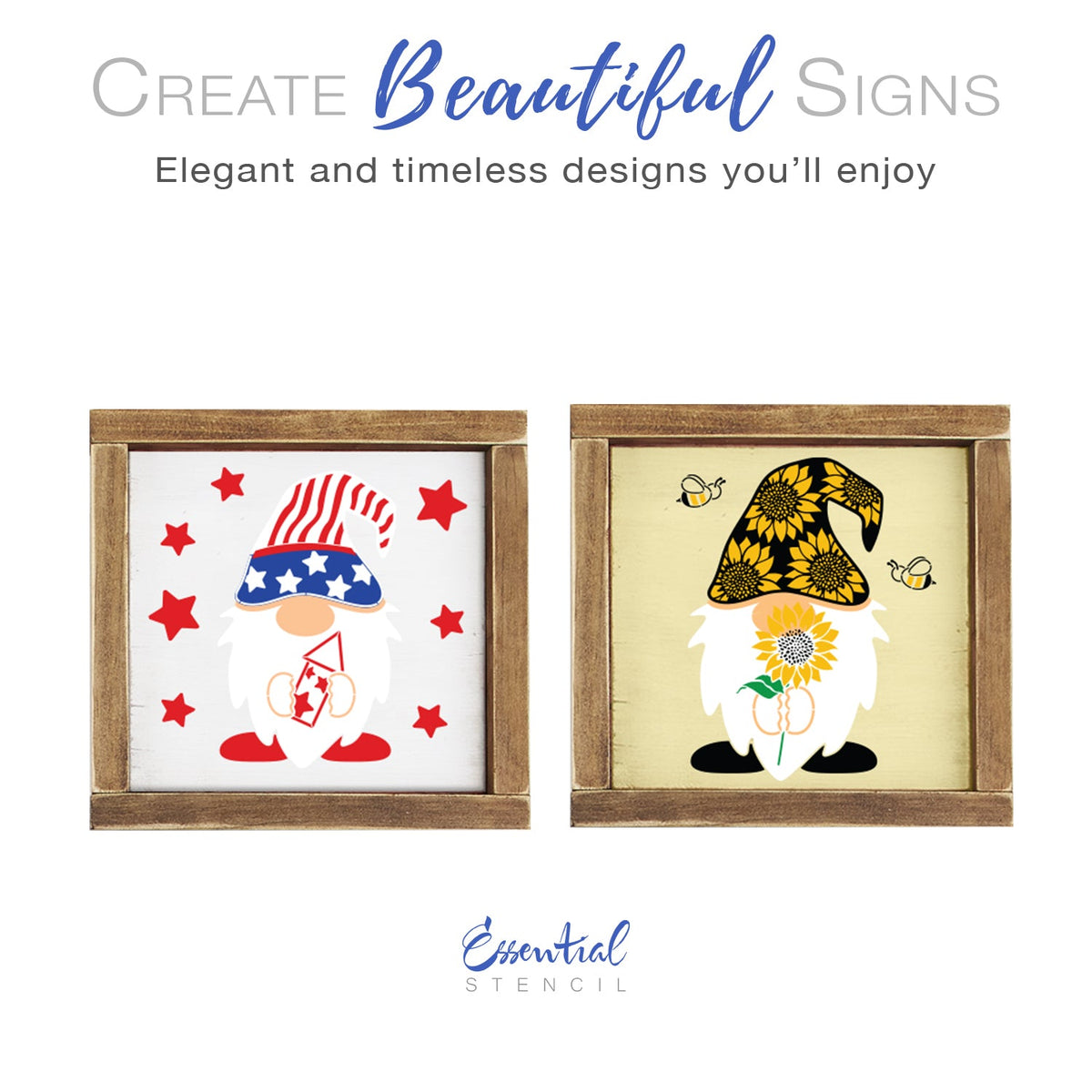 DIY reusable Summer Gnome stencils for wood signs, Patriotic Gnome with stars and stripes hat, sweet summer sunflower gnomes and bees gnome stencils for wood signs, summer diy farmhouse decor, decorating with gnomes, diy gnome pillow