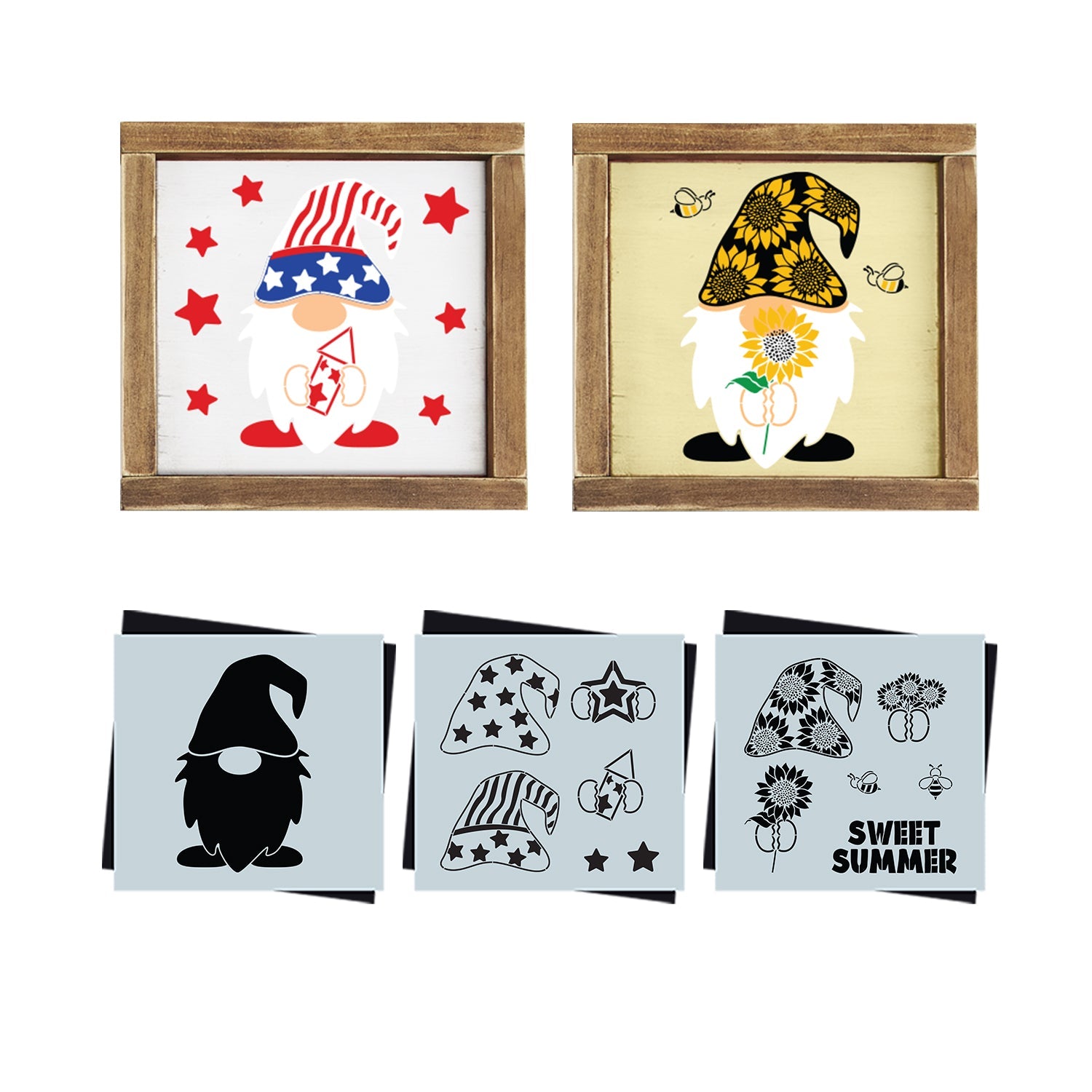 DIY reusable Summer Gnome stencils for wood signs, Patriotic Gnome with stars and stripes hat, sweet summer sunflower gnomes and bees gnome stencils for wood signs, summer diy farmhouse decor, decorating with gnomes, diy gnome pillow 