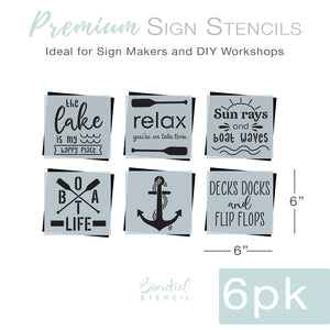 DIY reusable mini lake stencils for wood signs, the lake is my happy place stencil, relax you're on lake time, sun rays and boat waves, boat life paddles, anchor and rope, decks docks and flip flops stencils for mini wood signs, summer diy home decor, lake house tiered tray diy decor