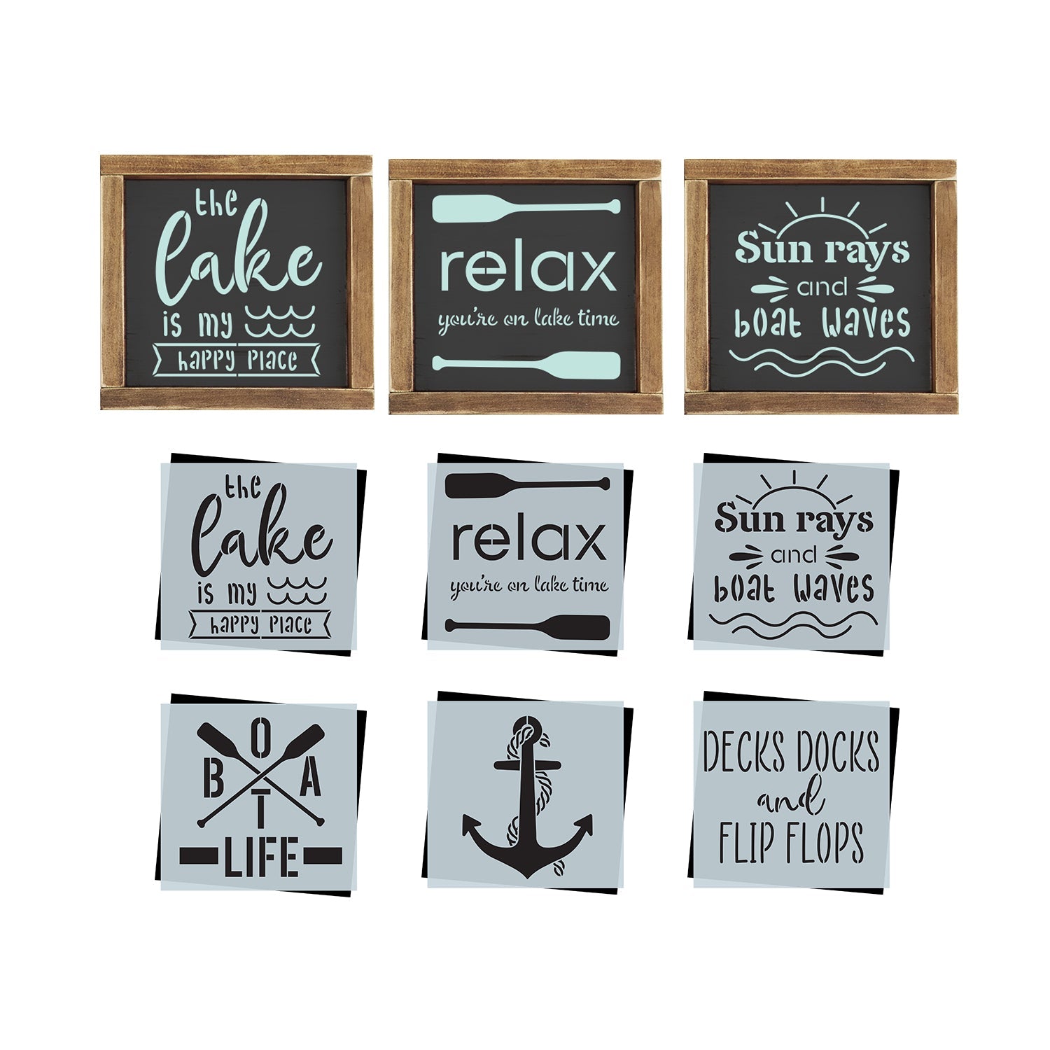 DIY reusable mini lake stencils for wood signs, the lake is my happy place stencil, relax you're on lake time, sun rays and boat waves, boat life paddles, anchor and rope, decks docks and flip flops stencils for mini wood signs, summer diy home decor, lake house tiered tray diy decor