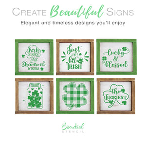 DIY reusable St. Patrick's Day wood sign stencils, st patricks day tiered tray signs, Irish kisses and shamrock wishes, just a wee bit irish, lucky and blessed woos sign stencil, jar of shamrocks, buffalo check pattern shamrock, the luckiest wood sign stencil, diy st patricks day home decor