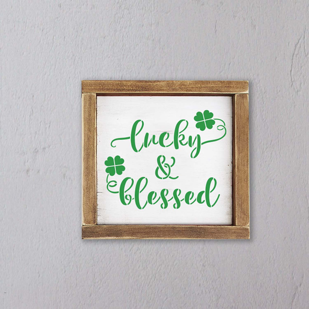 DIY reusable St. Patrick's Day wood sign stencils, st patricks day tiered tray signs, Irish kisses and shamrock wishes, just a wee bit irish, lucky and blessed woos sign stencil, jar of shamrocks, buffalo check pattern shamrock, the luckiest wood sign stencil, diy st patricks day home decor