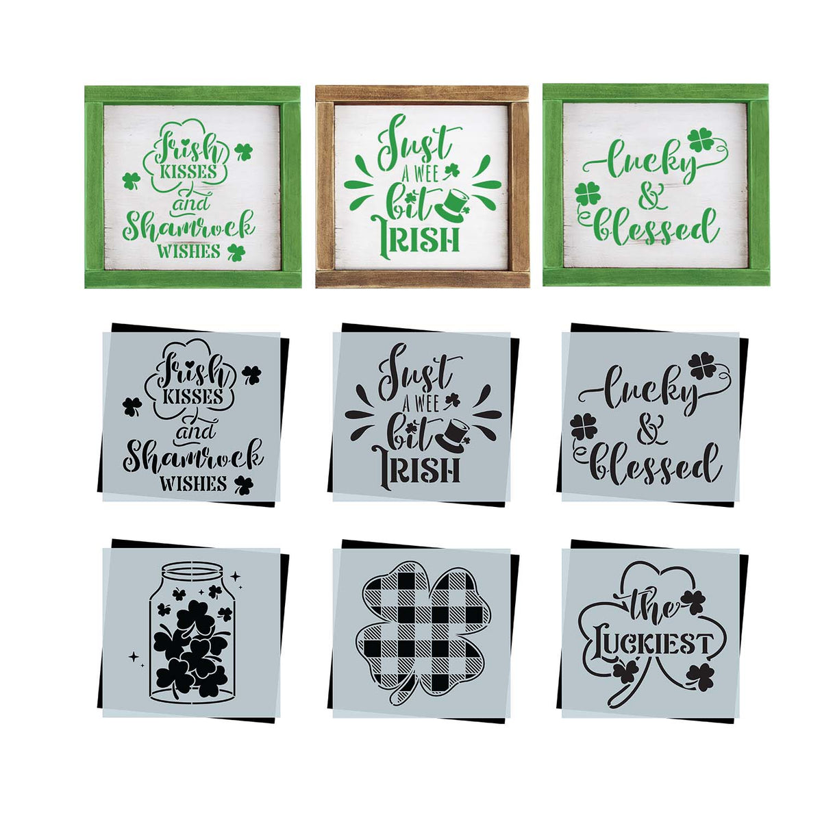 DIY reusable St. Patrick's Day wood sign stencils, st patricks day tiered tray signs, Irish kisses and shamrock wishes, just a wee bit irish, lucky and blessed woos sign stencil, jar of shamrocks, buffalo check pattern shamrock, the luckiest wood sign stencil, diy st patricks day home decor