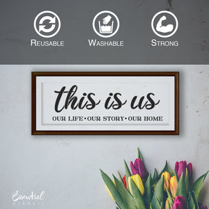 DIY reusable This is us sign stencil, This is us our life our story our home sign stencil, happiness is homemade sign stencil, home decor sign stencils, home sign stencils, diy home decor, diy housewarming gift home sign stencil