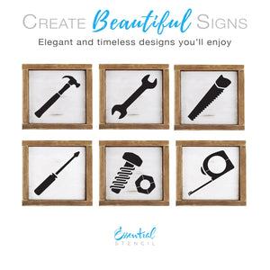 DIY reusable tool icon stencil cut outs, tools silhouettes, Hammer stencil, Wrench stencil , Saw stencil, screwdriver stencil, Bolt and Nut stencil, Tape Measure stencil, diy fathers day craft DIY Father's Day wood sign gift ideas stencil cutouts