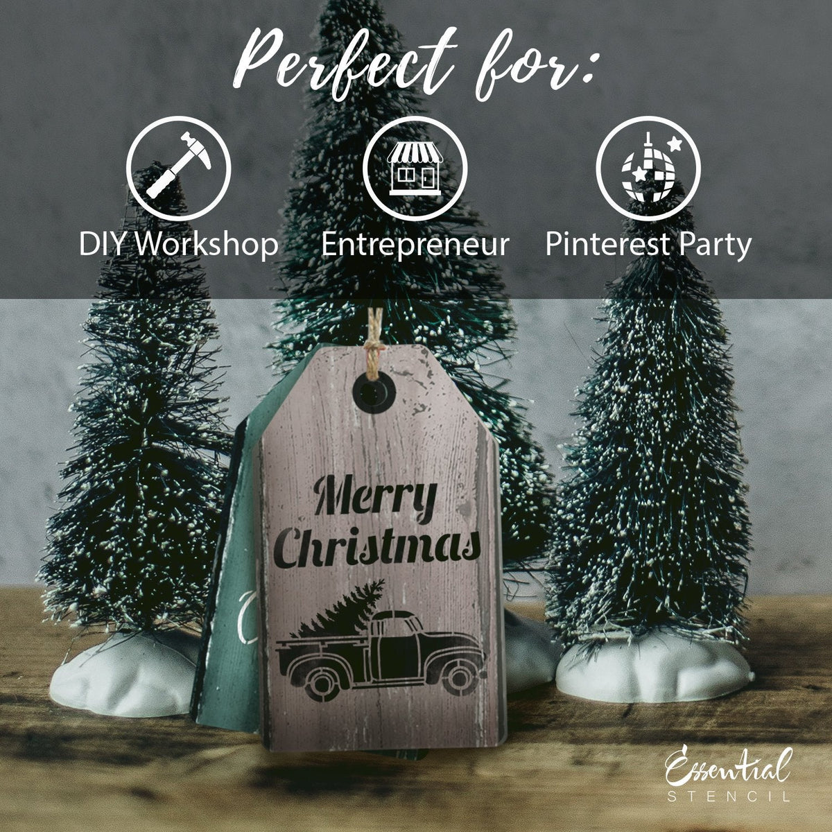 Stencil Merry Christmas vintage truck carry a tree