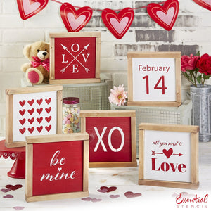 Reusable Valentine's Sign Stencils for painting wood signs | DIY Farmhouse Valentines Day Decor | February 14th stencil, Love arrow Stencil, XO stencil, all you need is love stencil, heart pattern stencil, be mine stencil