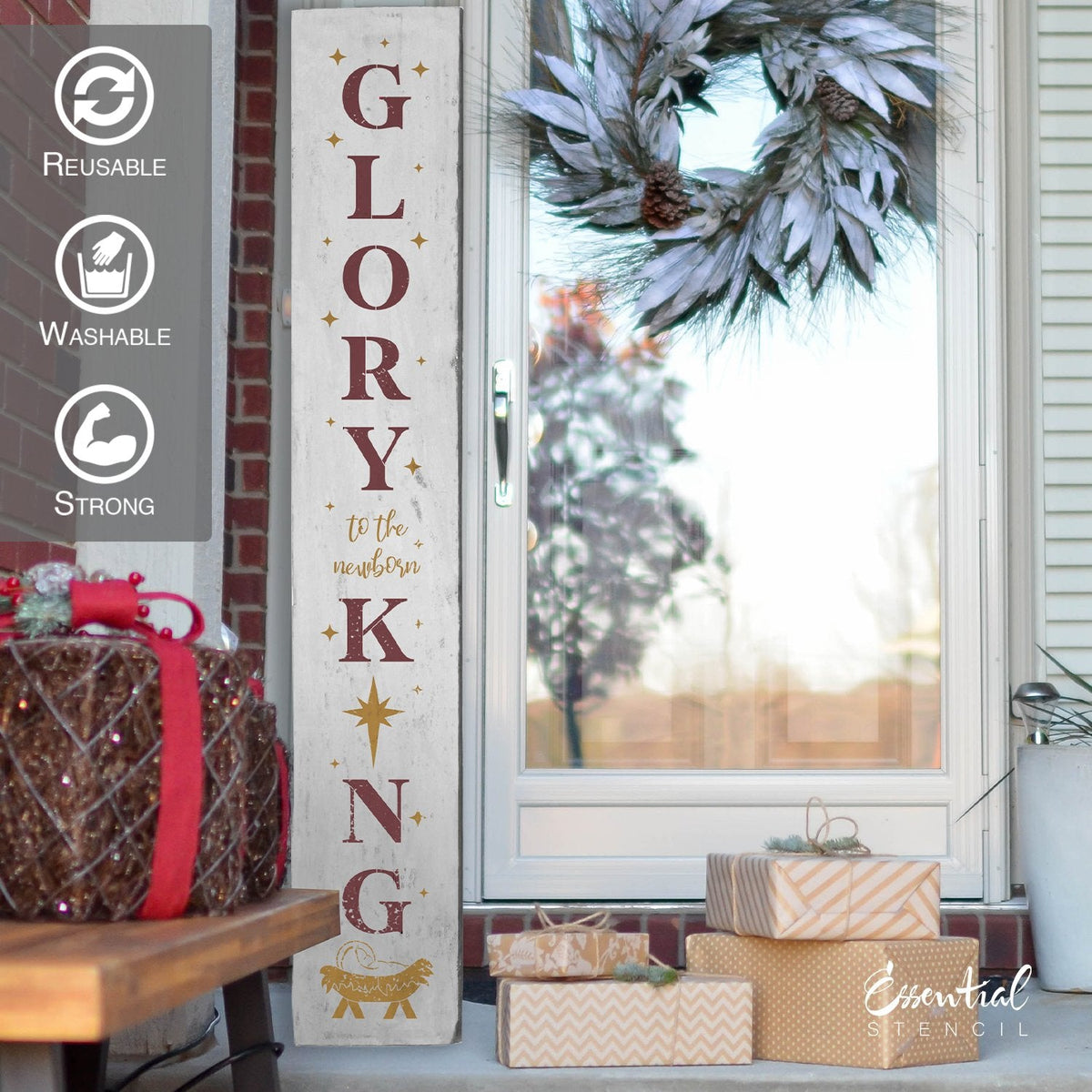 DIY reusable farmhouse Christmas template, reusable farmhouse Christmas sign stencil, Christmas stencils, diy Christmas home decor, Vertical Glory to the newborn King 5ft porch sign stencil, glory to the newborn king porch leaner template