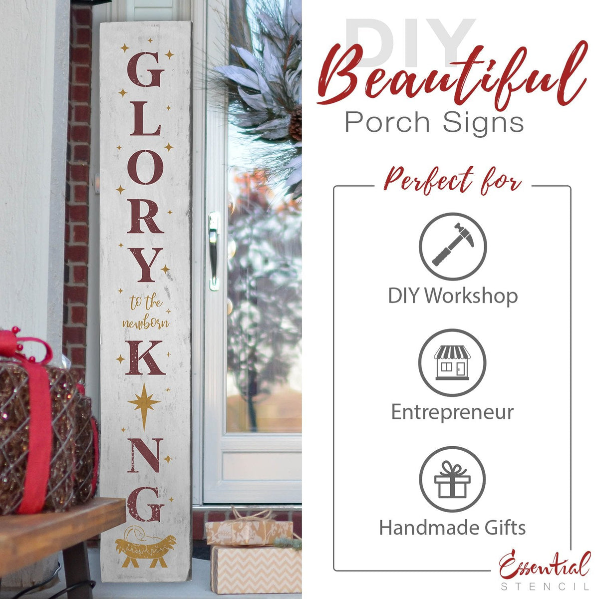 DIY reusable farmhouse Christmas template, reusable farmhouse Christmas sign stencil, Christmas stencils, diy Christmas home decor, Vertical Glory to the newborn King 5ft porch sign stencil, glory to the newborn king porch leaner template