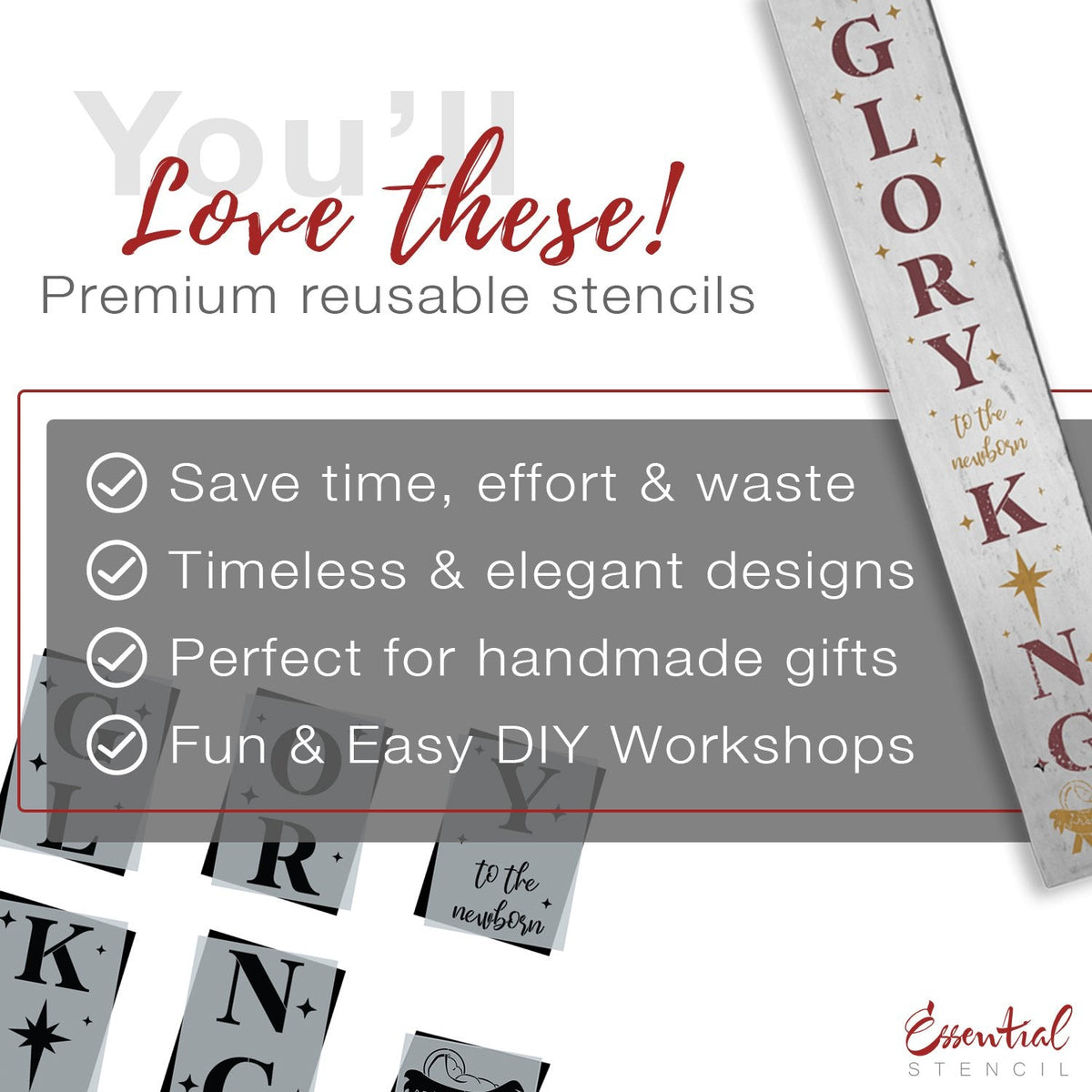 DIY reusable farmhouse Christmas template, reusable farmhouse Christmas sign stencil, Christmas stencils, diy Christmas home decor, Vertical Glory to the newborn King 5ft porch sign stencil, glory to the newborn king porch leaner template