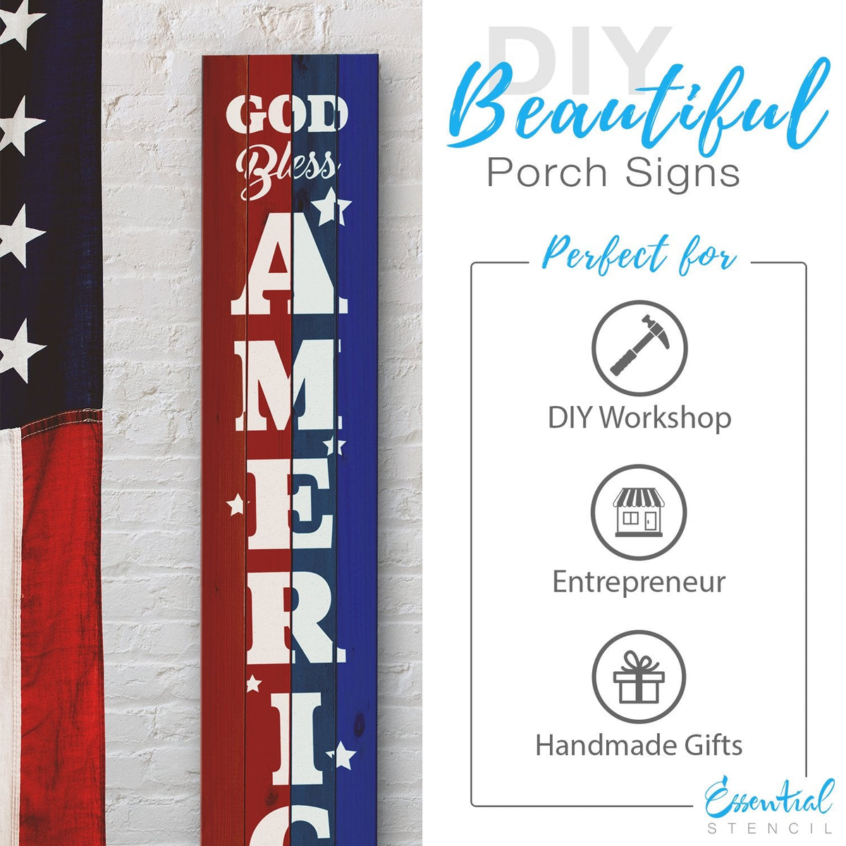 Reusable Vertical God Bless America | Patriotic Sign Stencil, 5ft Vertical Patriotic front porch leaner sign | Independence Day Sign
