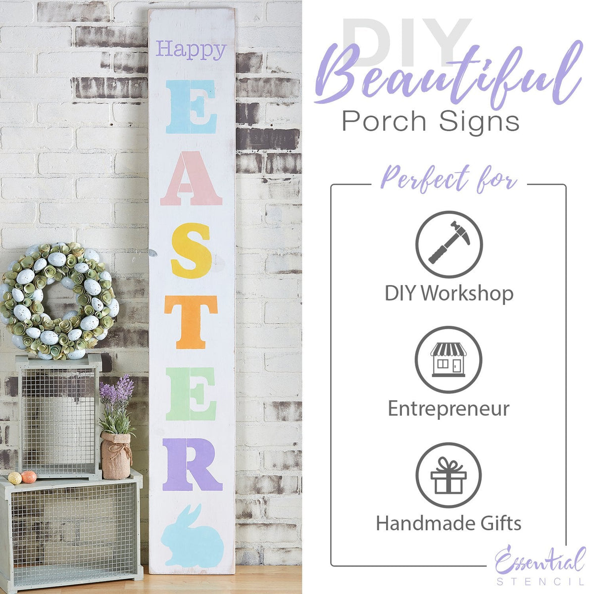 Reusable Vertical Happy Easter front porch leaner sign stencil for painting on wood | DIY Easter and spring Home Decor