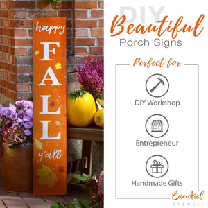 Reusable Vertical Happy Fall Y'all Porch Sign Stencil for painting on wood, DIY Fall Vertical Front Porch Leaner Signs