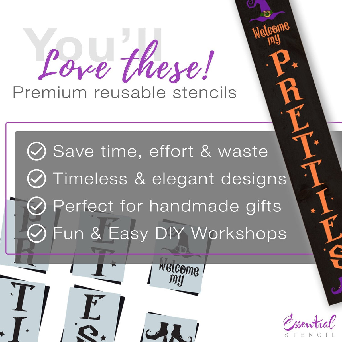 DIY reusable vertical 5ft sign stencils, 5ft vertical welcome my pretties porch sign stencil, Welcome my pretties porch sign leaner, Halloween leaner, 5ft Halloween vertical porch sign stencils