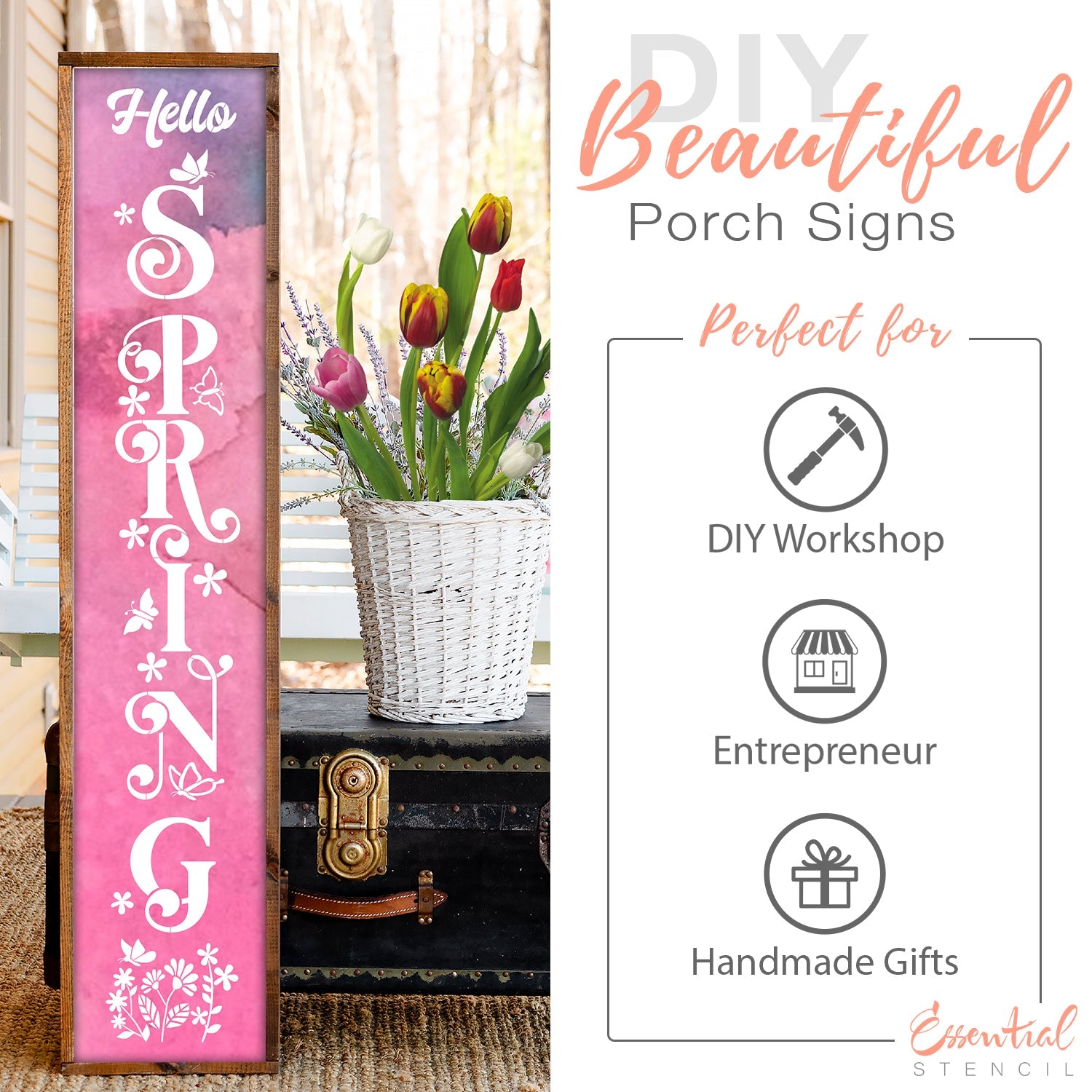 Vertical Ornate Hello Spring | 5ft Porch Sign - Essential Stencil