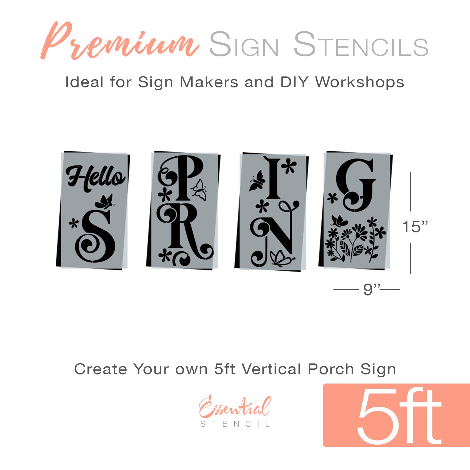 Vertical Ornate Hello Spring | 5ft Porch Sign - Essential Stencil