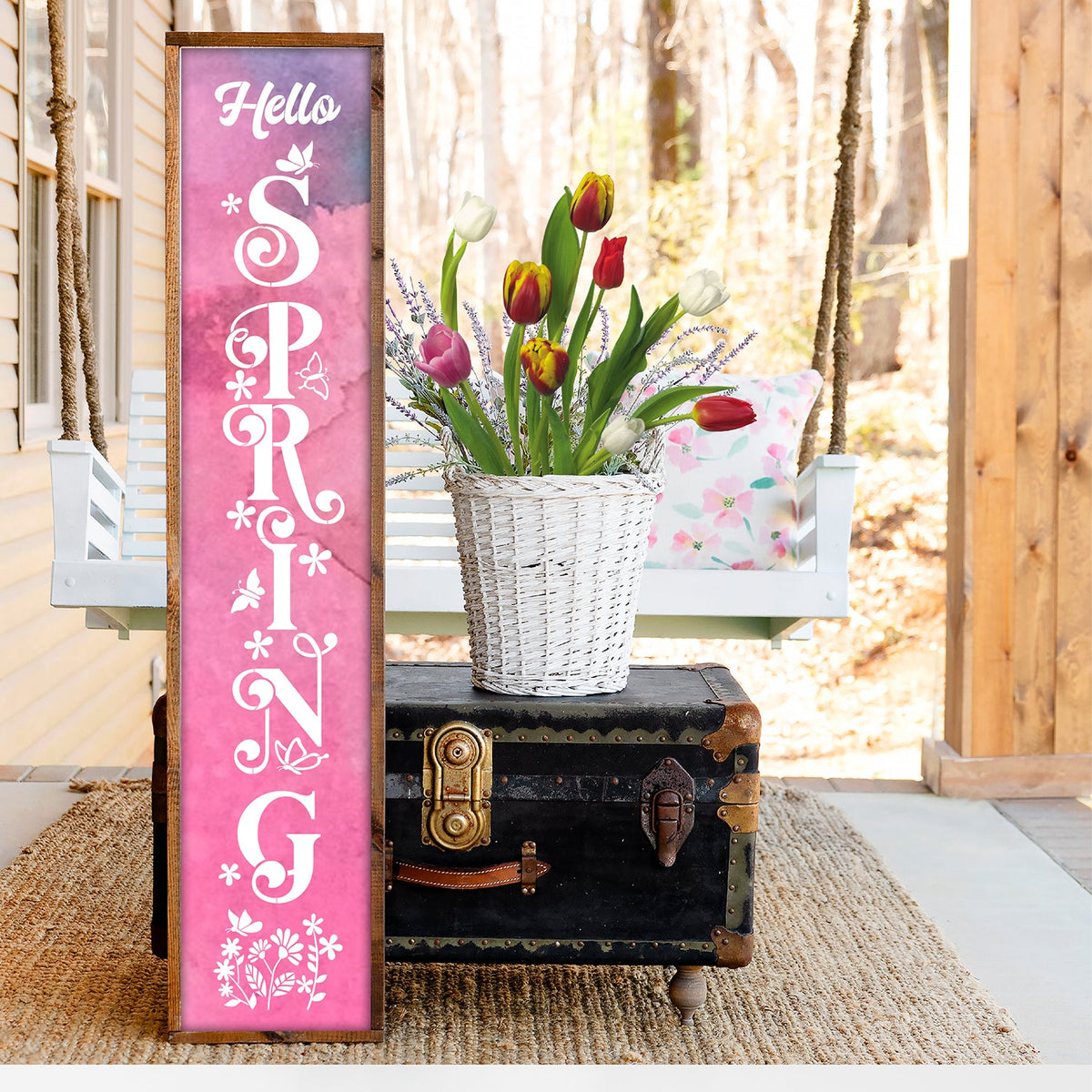 Vertical Ornate Hello Spring | 5ft Porch Sign - Essential Stencil