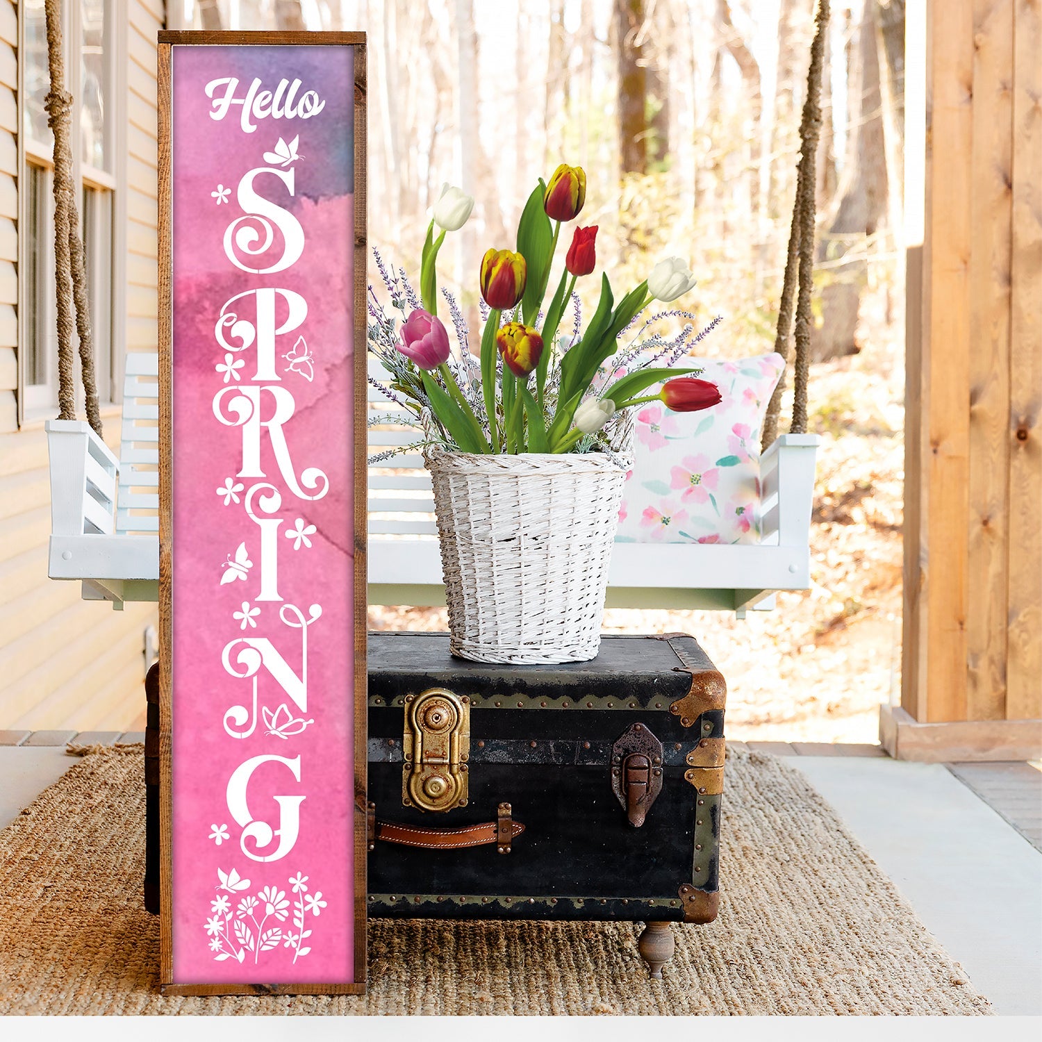 Vertical Ornate Hello Spring | 5ft Porch Sign-Spring-Essential Stencil