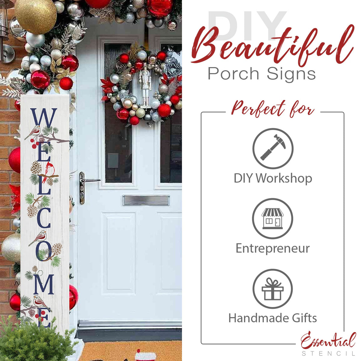 DIY reusable holiday porch leaner, Vertical welcome winter porch sign, Welcome winter with birds and pine cones porch leaner, 5ft Christmas welcome winter porch sign, stencils for painting porch leaners