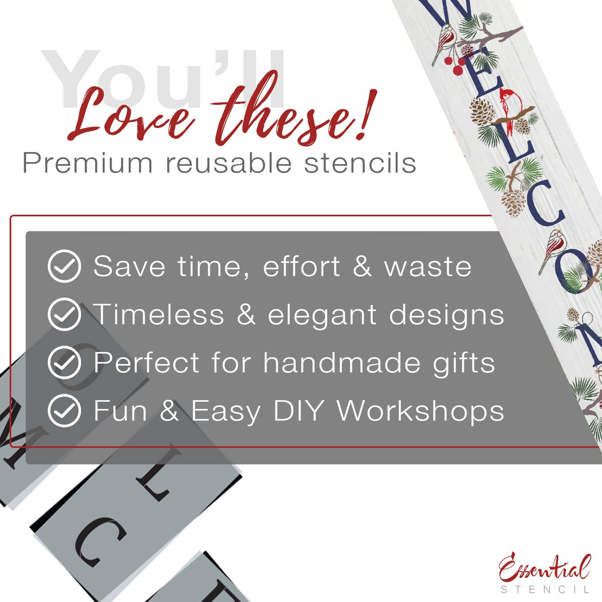 DIY reusable holiday porch leaner, Vertical welcome winter porch sign, Welcome winter with birds and pine cones porch leaner, 5ft Christmas welcome winter porch sign, stencils for painting porch leaners