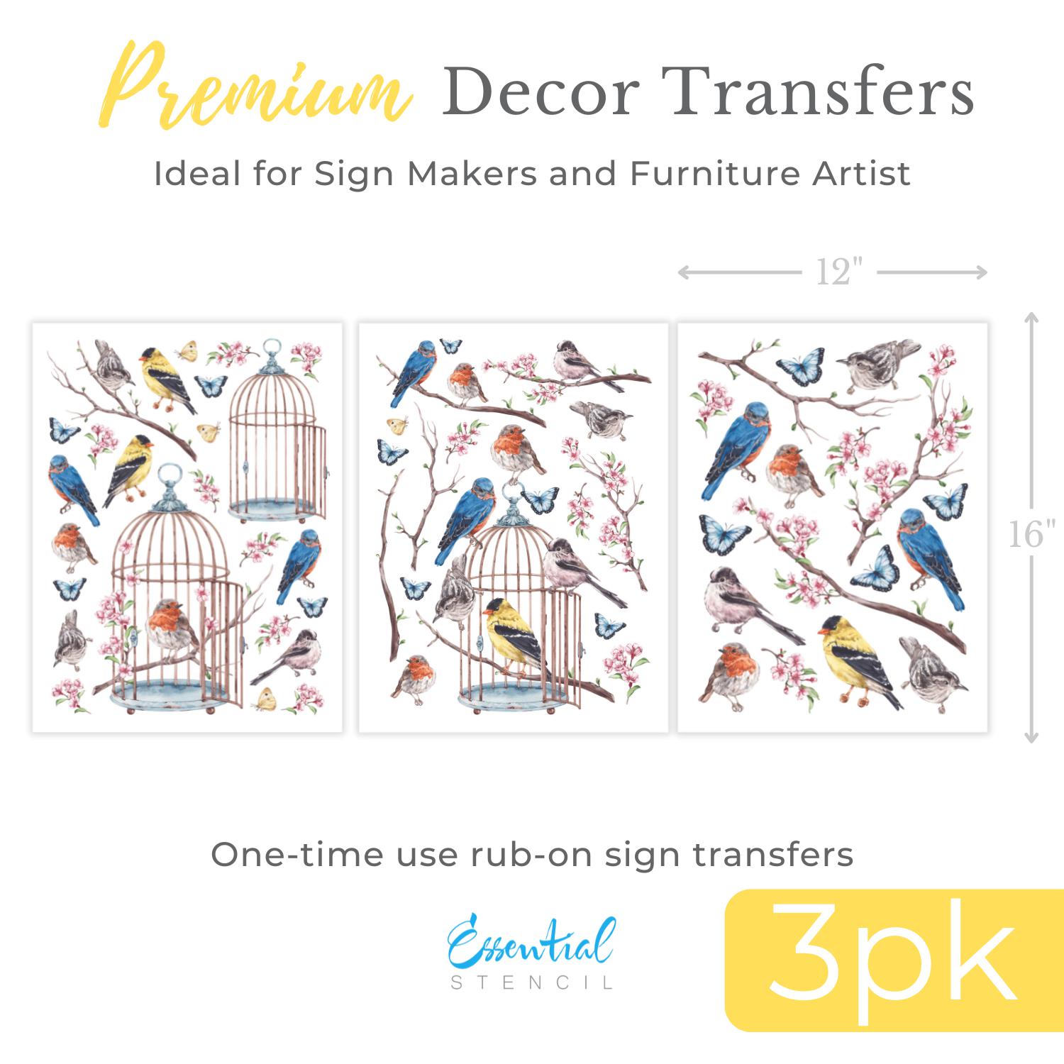 Vintage Birds & Cherry Blossom Rubon Sign Transfer Set Essential Stencil