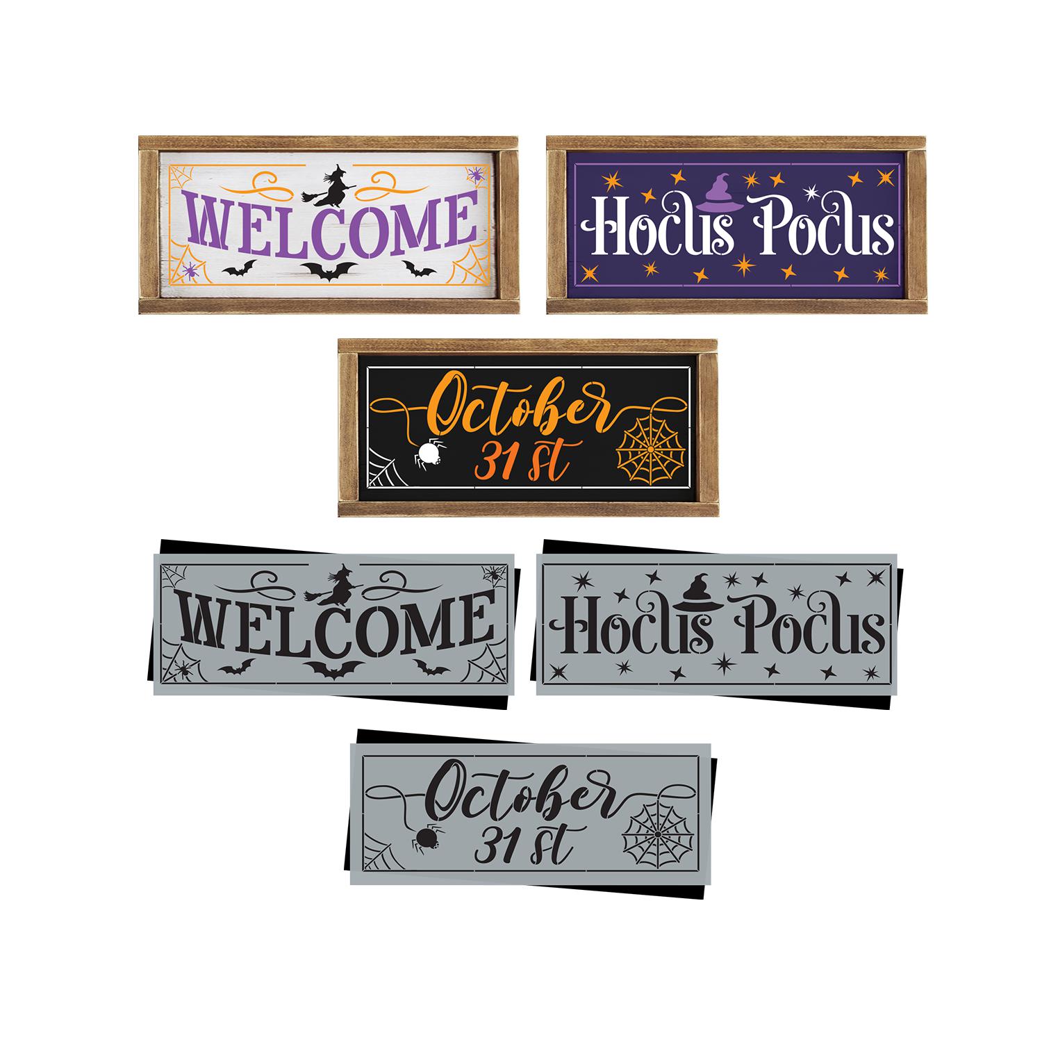 DIY reusable Halloween stencils for paint wood signs, Welcome halloween stencil, hocus pocus wood sign stencil, October 31st stencil for painting wood signs, diy halloween front door wood sign decor