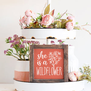 DIY reusable modern farmhouse wildflower mini wood signs, whimsical boho wildflower home decor stencils, flower tiered tray wood sign, Spring flower mini sign stencils, she is a wildflower, grow happy thoughts, love grows here, wild at heart, stay wild, envelope full of flowers, upcycle, flower arts and crafts, scrap booking, junk journal, card making