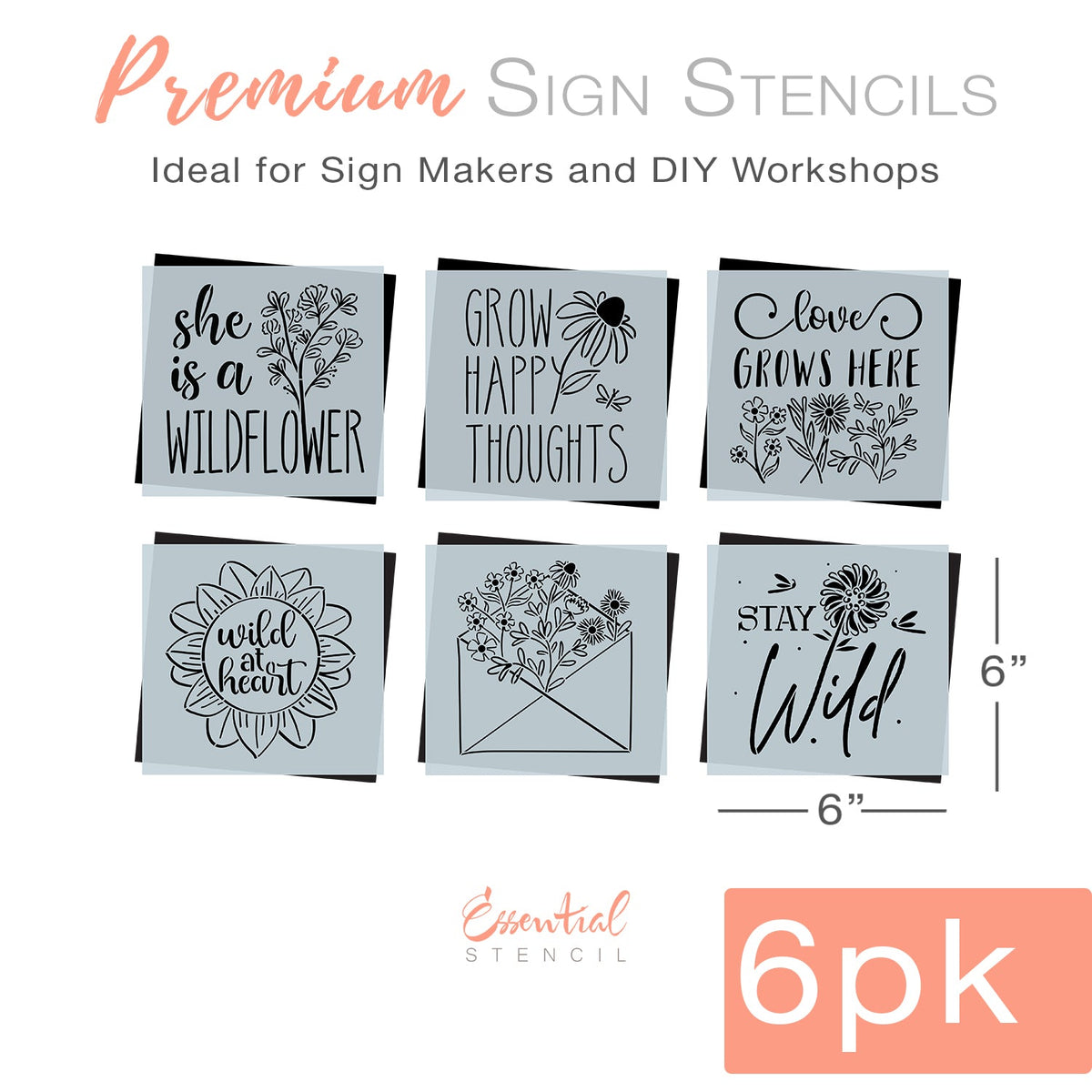 DIY reusable modern farmhouse wildflower mini wood signs, whimsical boho wildflower home decor stencils, flower tiered tray wood sign, Spring flower mini sign stencils, she is a wildflower, grow happy thoughts, love grows here, wild at heart, stay wild, envelope full of flowers, upcycle, flower arts and crafts, scrapbooking, junk journal, card making