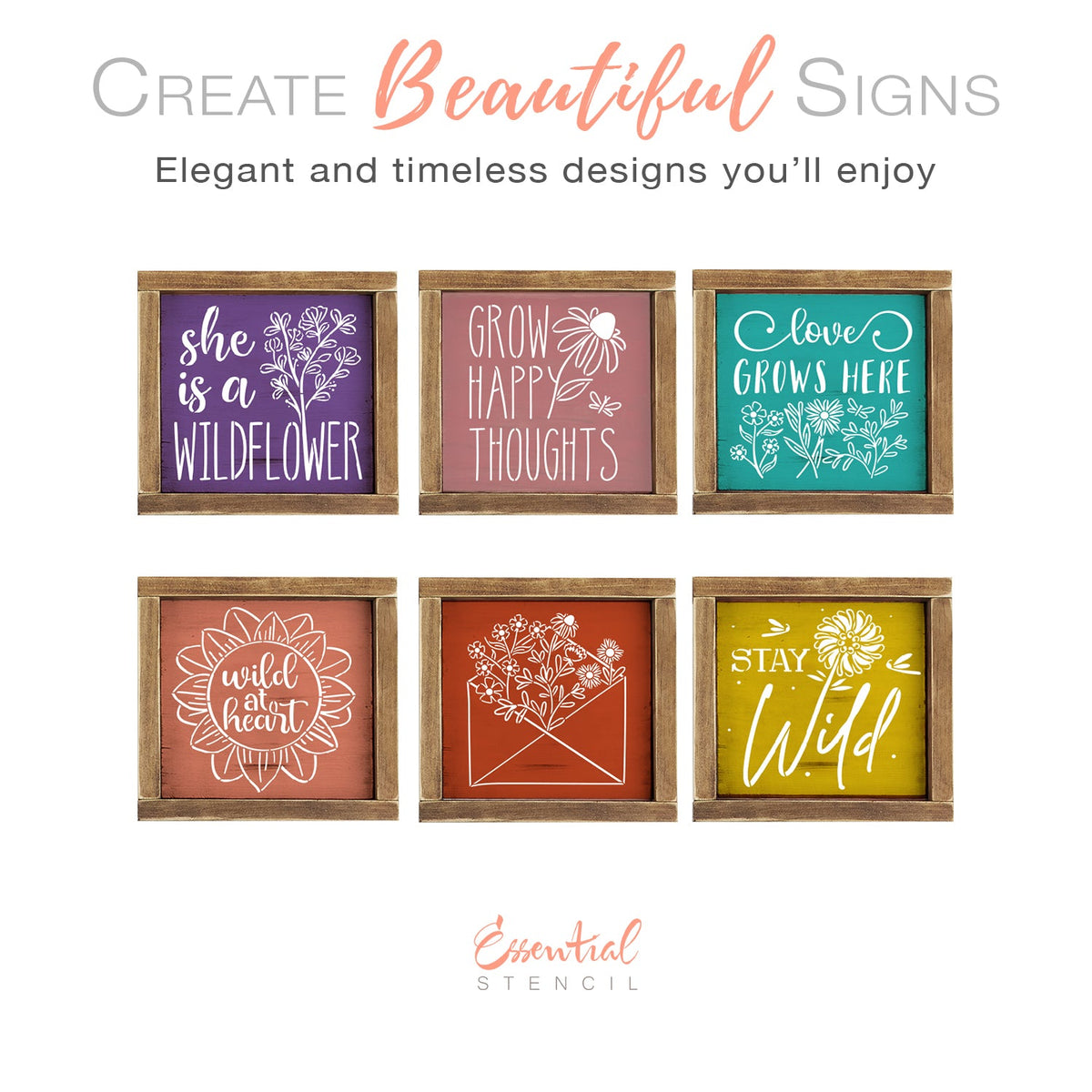 DIY reusable modern farmhouse wildflower mini wood signs, whimsical boho wildflower home decor stencils, flower tiered tray wood sign, Spring flower mini sign stencils, she is a wildflower, grow happy thoughts, love grows here, wild at heart, stay wild, envelope full of flowers, upcycle, flower arts and crafts, scrapbooking, junk journal, card making