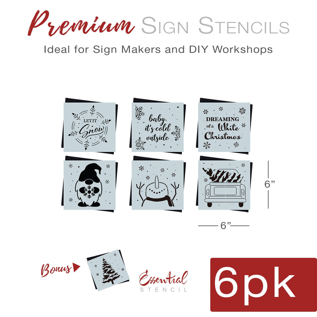 DIY reusable farmhouse christmas wood sign stencils, let it snow snowflake wood sign stencil, baby its cold outside min wood sign stencil, dreaming of a white christmas wood sign stencil, christmas gnome with snowflake wood sign stencil, happy snowman wood sign stencil, snowman lookin up stencil, vintage truck with christmas tree, diy Winter home decor, winter and christmas tiered tray wood signs