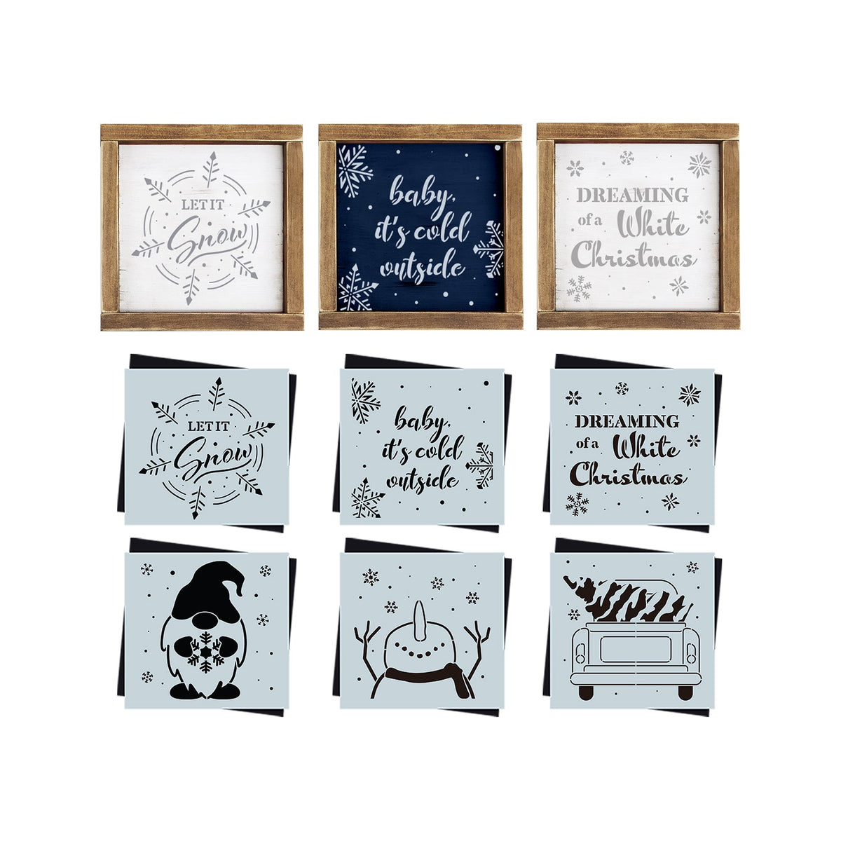 DIY reusable farmhouse christmas wood sign stencils, let it snow snowflake wood sign stencil, baby its cold outside min wood sign stencil, dreaming of a white christmas wood  sign stencil, christmas gnome with snowflake wood sign stencil, happy snowman wood sign stencil, snowman lookin up stencil, vintage truck with christmas tree,  diy Winter  home decor, winter and christmas tiered tray wood signs