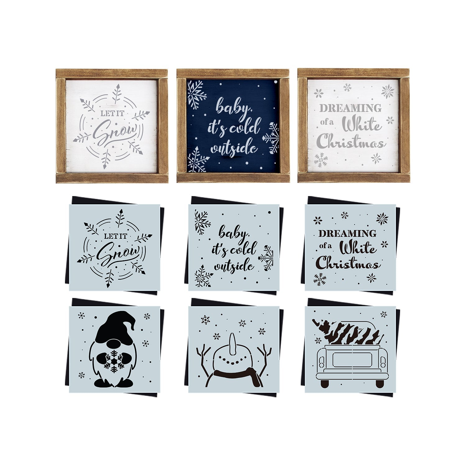 DIY reusable farmhouse christmas wood sign stencils, let it snow snowflake wood sign stencil, baby its cold outside min wood sign stencil, dreaming of a white christmas wood  sign stencil, christmas gnome with snowflake wood sign stencil, happy snowman wood sign stencil, snowman lookin up stencil, vintage truck with christmas tree,  diy Winter  home decor, winter and christmas tiered tray wood signs