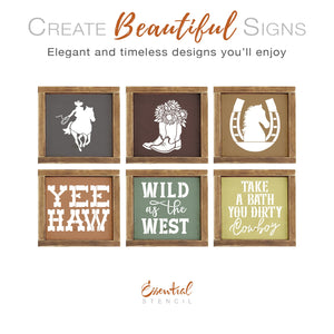 DIY reusable farmhouse cowboy sign stencils, cowboy stencil cut out, cowboy boots with sunflowers stencil cut out, horse shoe stencil cut out, horse on horse shoe stencil sign, country sign stencils, wild as the west wood sign stencil, take a bath you dirty cowboy wood sign stencil, western wood signs, southwestern wood signs, cowboy signs, cowgirl wood signs, horse wood sign, country farm wood signs