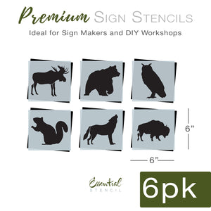 diy mini wildlife animals stencils, moose stencil, bear stencil, owl stencil, squirrel stencil, howling wolf stencil, bison buffalo stencil, camping fishing hunting wood sign stencils, outdoor stencils