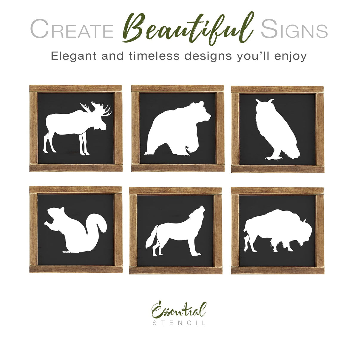diy mini wildlife animals stencils, moose stencil, bear stencil, owl stencil, squirrel stencil, howling wolf stencil, bison buffalo stencil, camping fishing hunting wood sign stencils, outdoor stencils