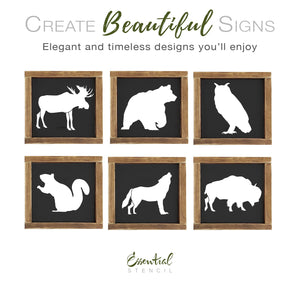 diy mini wildlife animals stencils, moose stencil, bear stencil, owl stencil, squirrel stencil, howling wolf stencil, bison buffalo stencil, camping fishing hunting wood sign stencils, outdoor stencils