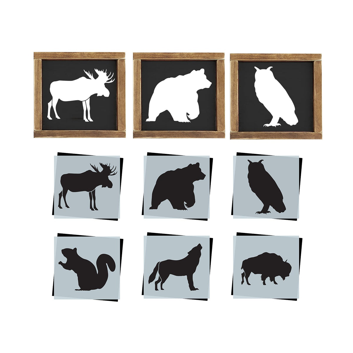 diy mini wildlife animals stencils, moose stencil, bear stencil, owl stencil, squirrel stencil, howling wolf stencil, bison buffalo stencil, camping fishing hunting wood sign stencils, outdoor stencils