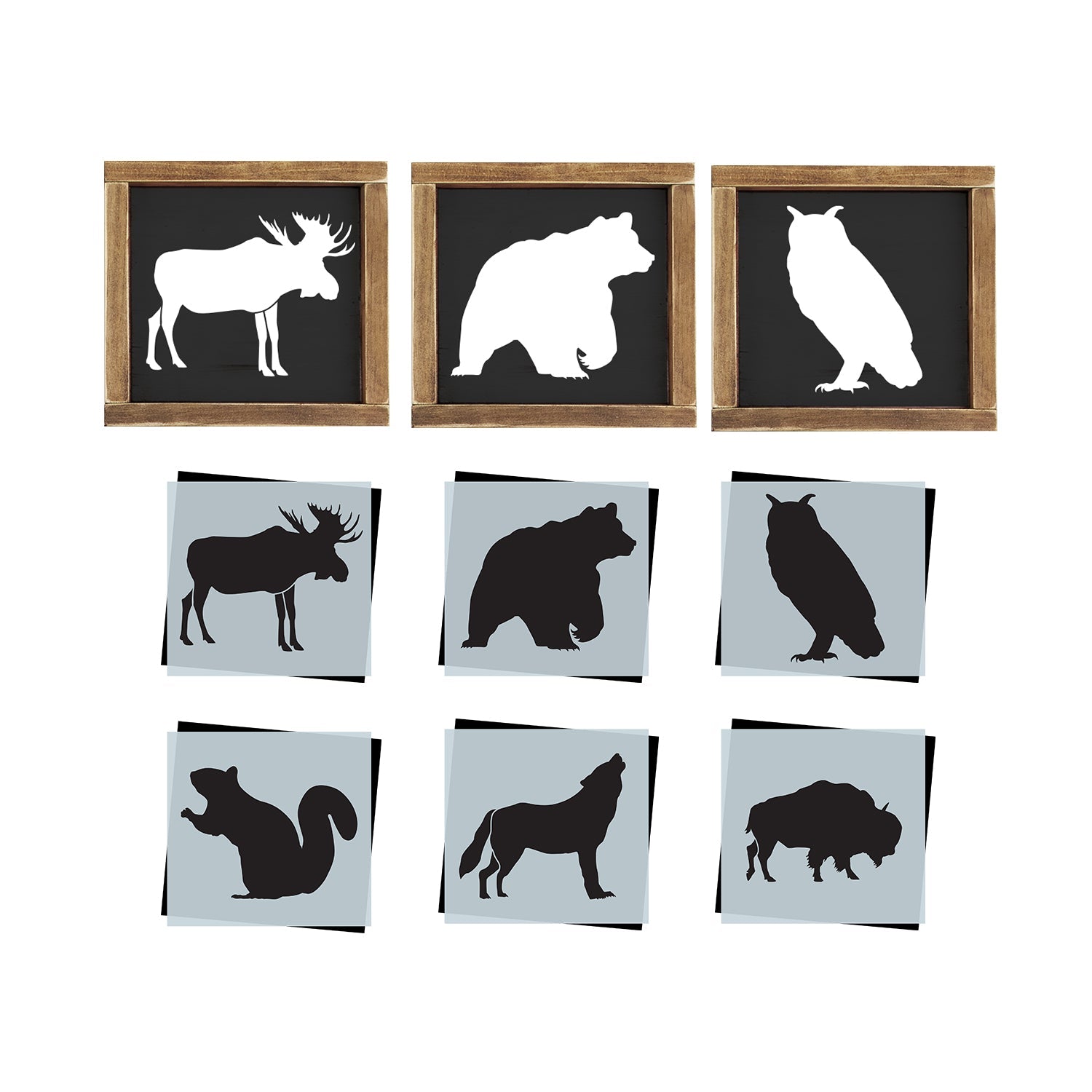 diy mini wildlife animals stencils, moose stencil, bear stencil, owl stencil, squirrel stencil, howling wolf stencil, bison buffalo stencil, camping fishing hunting wood sign stencils, outdoor stencils