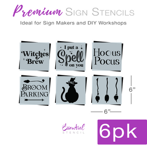 DIY reusable Halloween wood sign stencils, halloween mylar stencils, Witches brew wood sign stencil, i put a spell on you wood sign stencil, hocus pocus wood sign stencil, black hat silhouette with witch hat cut out, broom parking wood sign stencil, 3 witches brooms silhouette cut outs,