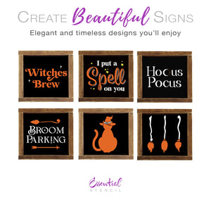 DIY reusable Halloween wood sign stencils, halloween mylar stencils, Witches brew wood sign stencil, i put a spell on you wood sign stencil, hocus pocus wood sign stencil, black hat silhouette with witch hat cut out, broom parking wood sign stencil, 3 witches brooms silhouette cut outs,