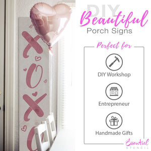 DIY reusable Valentine's Day porch leaner stencil, xoxo vertical porch board sign stencil, DIY home decor, front porch home decor 